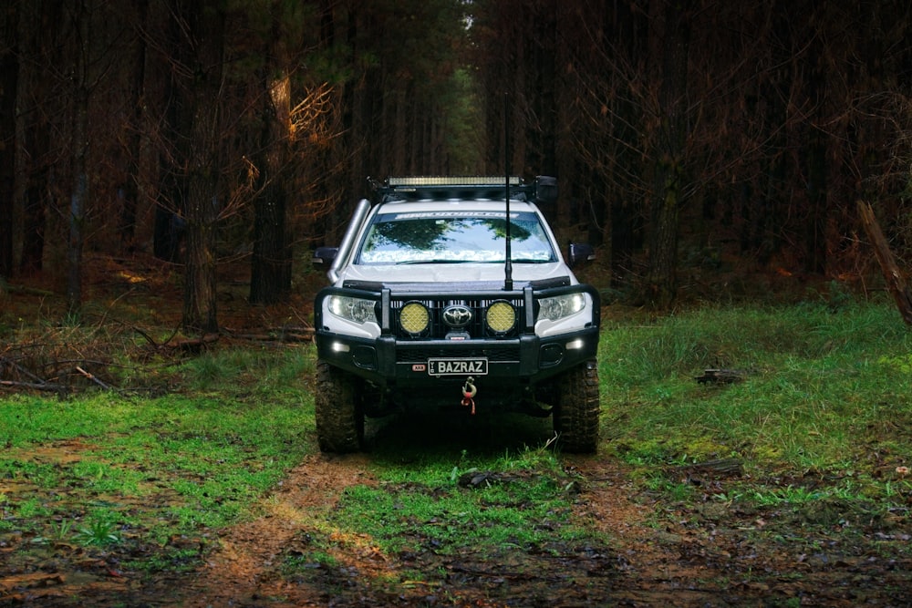 a truck parked in the middle of a forest