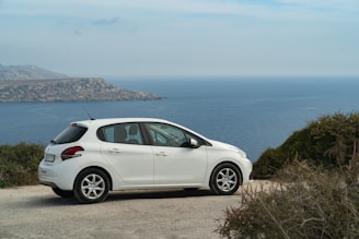 A white hatchback car is parked on a gravel road overlooking a vast ocean with a clear horizon and distant rocky cliffs. Surrounding the viewpoint are patches of green shrubbery.