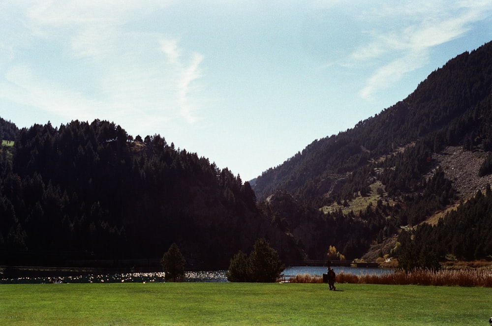 a grassy field with a lake and mountains in the background