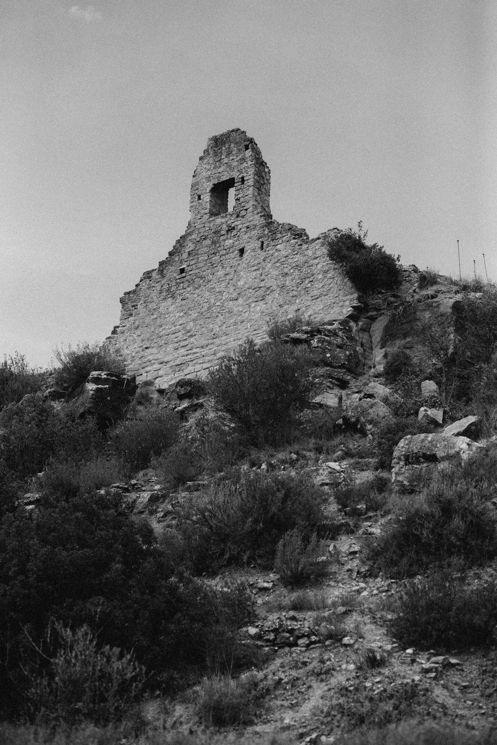 a black and white photo of a building on a hill