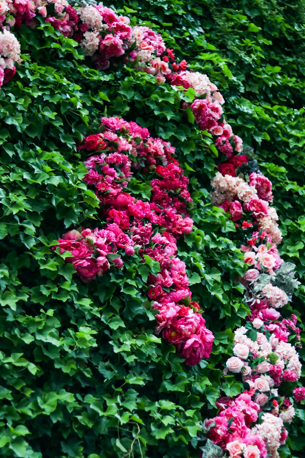 a wall covered in lots of pink and white flowers