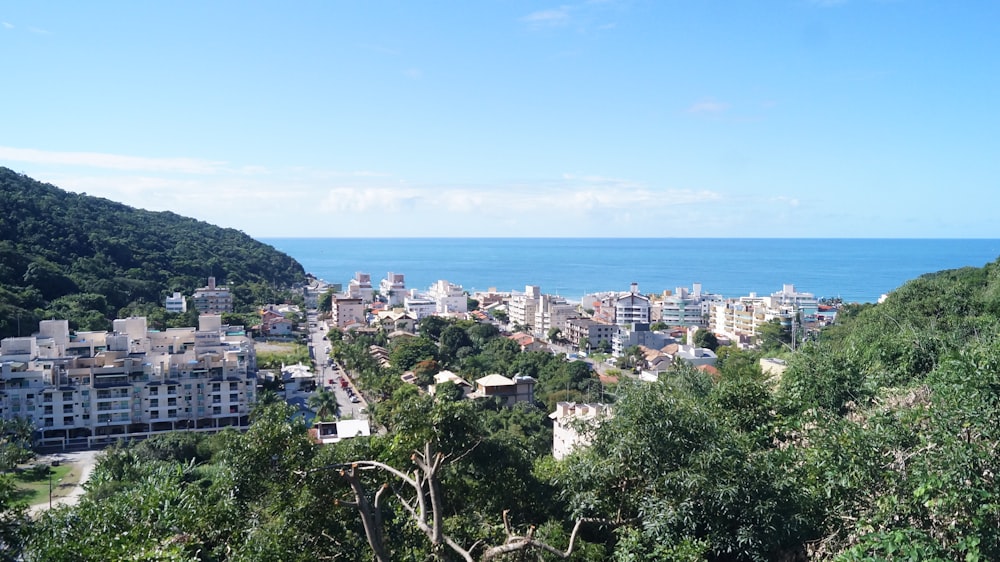 a view of a city and the ocean from a hill