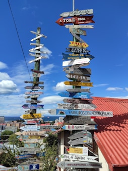 Multiple colorful signposts with different city names and distances point in various directions. They are placed against a clear blue sky, with a view of a coastal city in the background. The signs are mounted on wooden poles, and the rooftop of a nearby building with a red tin roof is visible.