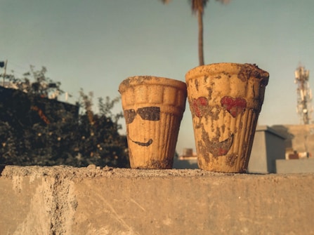 Two small clay pots on a concrete ledge with faces painted on them, one wearing sunglasses and the other with heart-shaped eyes. The background features an urban environment with greenery and a tall communication tower.