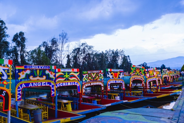 Brightly painted boats with colorful arches and decorated fronts, typical of Xochimilco in Mexico City, line up on a calm water canal. Trees in the background create a natural border, and the cloudy sky adds depth to the scene.