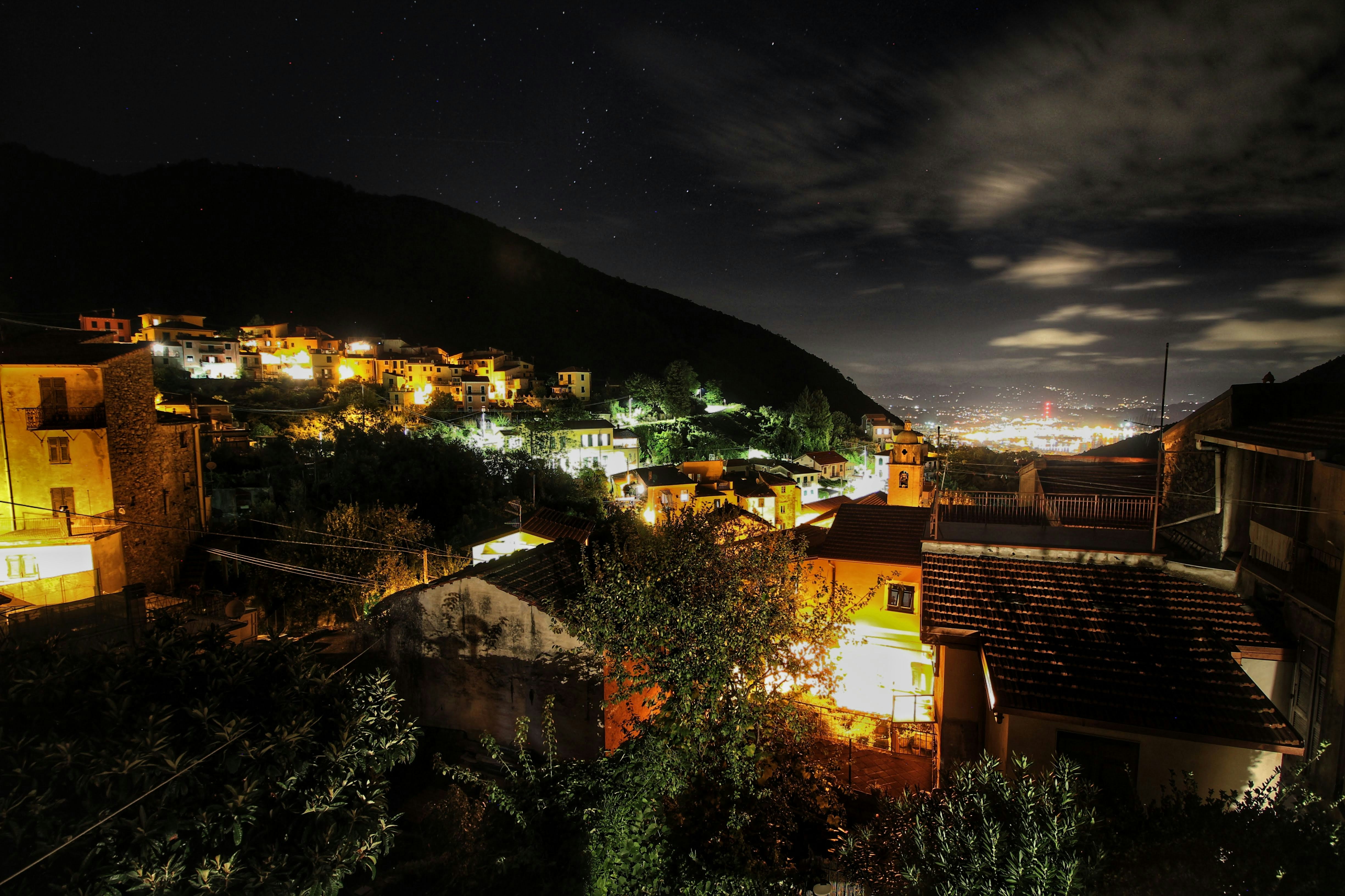 Night view of a villa with glowing lights and starry sky in Da Lat