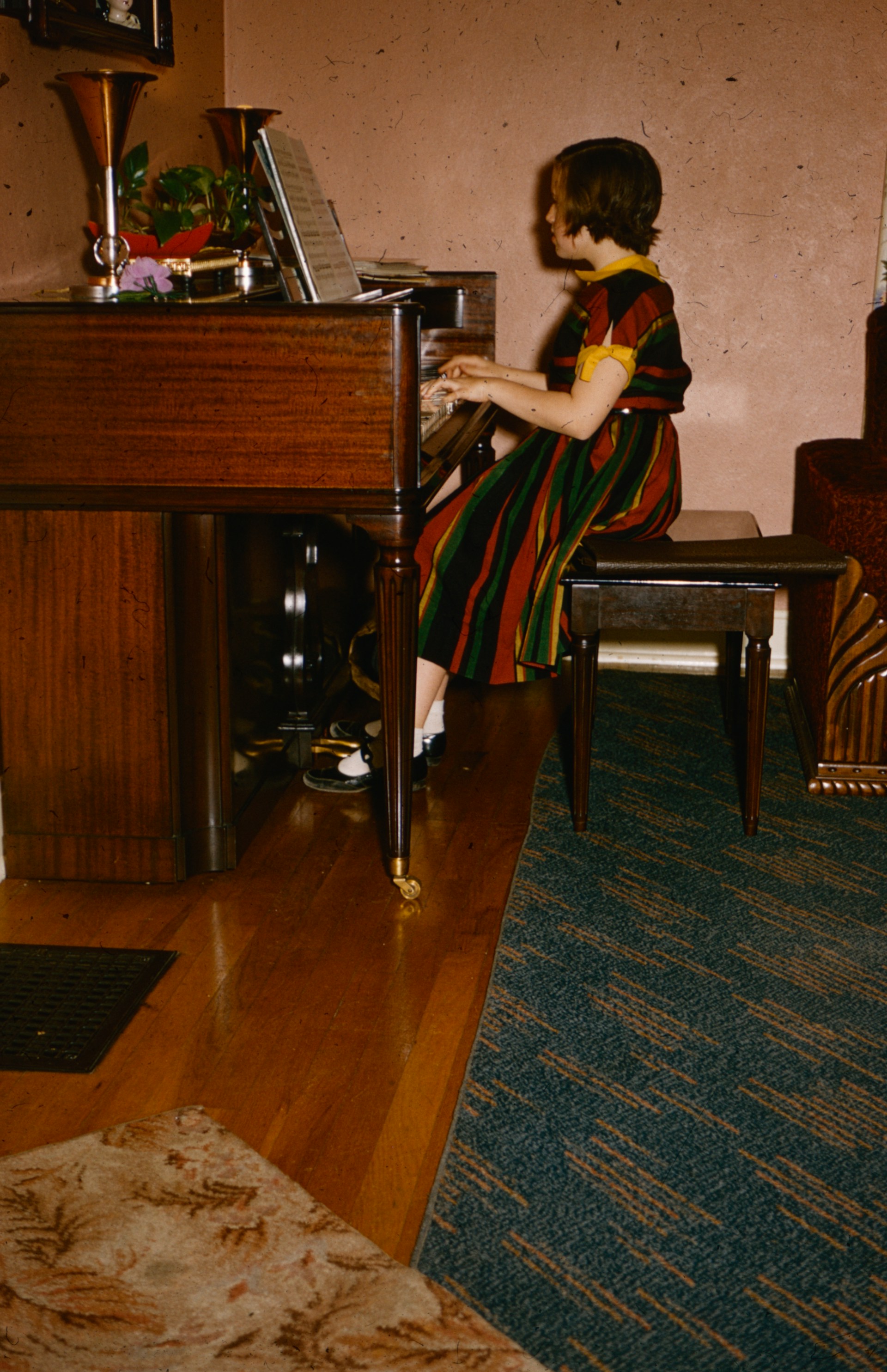 A person is seated at a wooden piano, attentively playing music with sheet music open in front of them. The individual is wearing a colorful striped dress and black shoes with white socks. The setting appears to be a cozy room with a blend of wooden and carpeted flooring. A variety of potted plants and decorative items sit atop the piano.