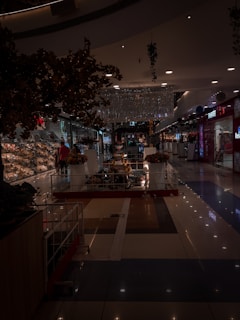 A softly lit photo of a quiet mall corridor under gentle renovation lighting.
