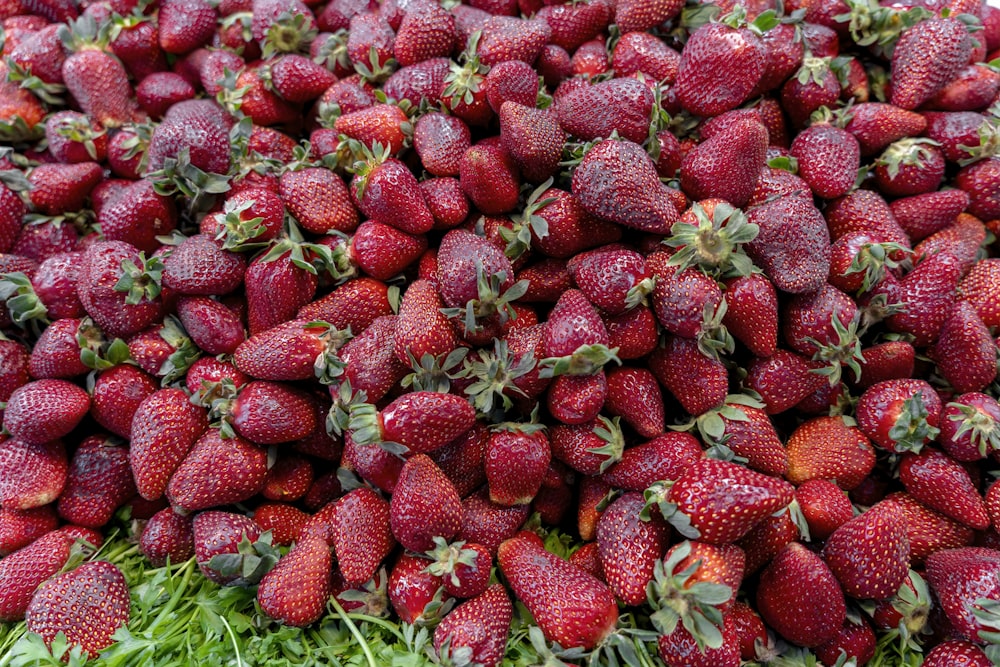 a pile of strawberries sitting on top of green grass