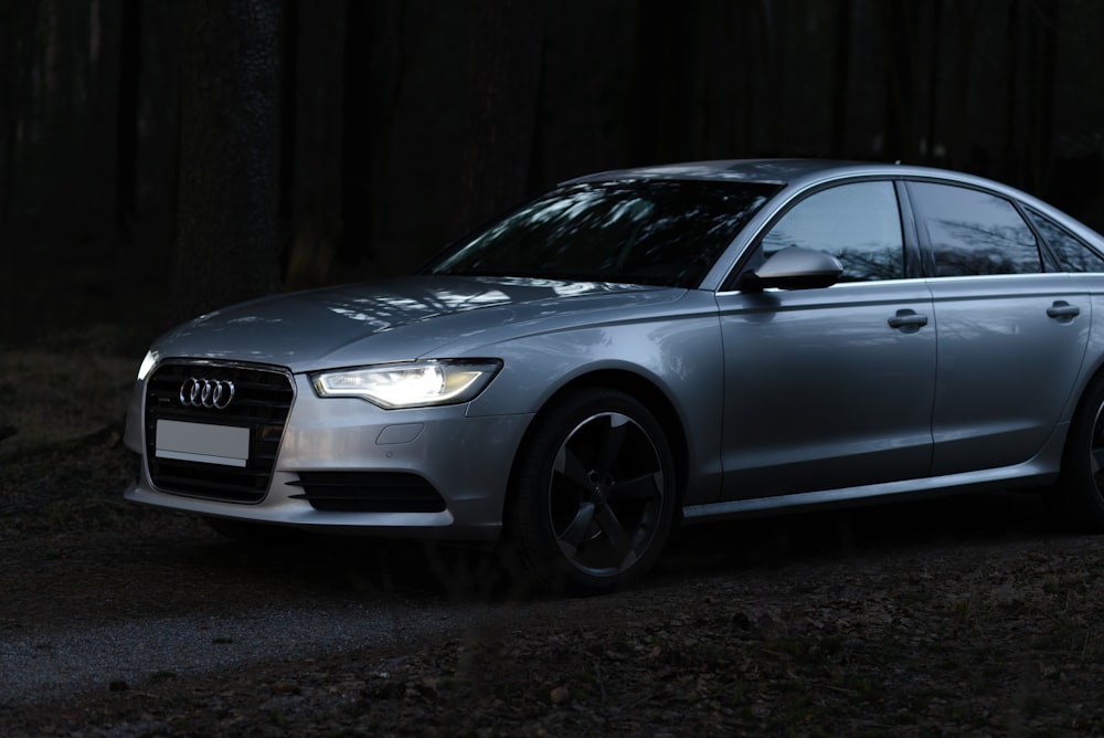 a silver car parked in a dark forest