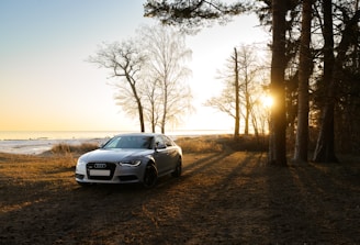 A sleek sedan parked by the beach at sunset, with waves gently rolling in the background