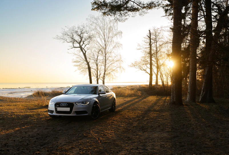 A sleek silver Volvo sedan parked on a scenic coastal road at sunset.