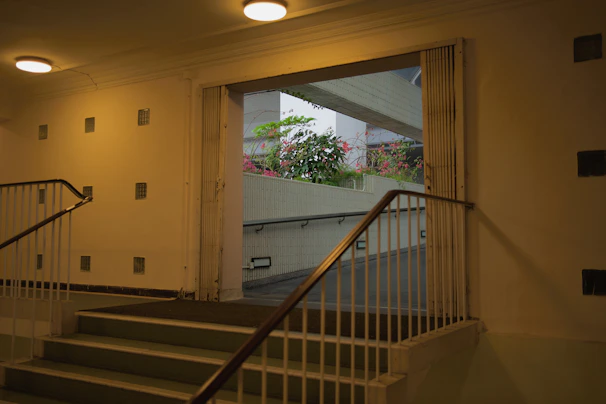 Bright hallway lined with comfortable handrails and calming dusty green walls.