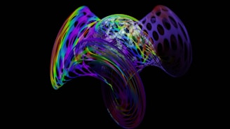 A vibrant and abstract digital art piece with swirling, multicolored patterns forming a complex, three-dimensional shape. The colors include bright hues of blue, green, purple, yellow, and red, all merging and overlapping in a translucent, wave-like design on a black background.