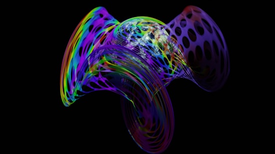 A vibrant and abstract digital art piece with swirling, multicolored patterns forming a complex, three-dimensional shape. The colors include bright hues of blue, green, purple, yellow, and red, all merging and overlapping in a translucent, wave-like design on a black background.