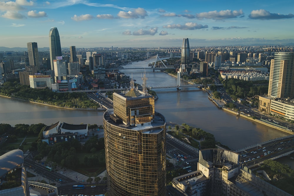 an aerial view of a city with a river running through it