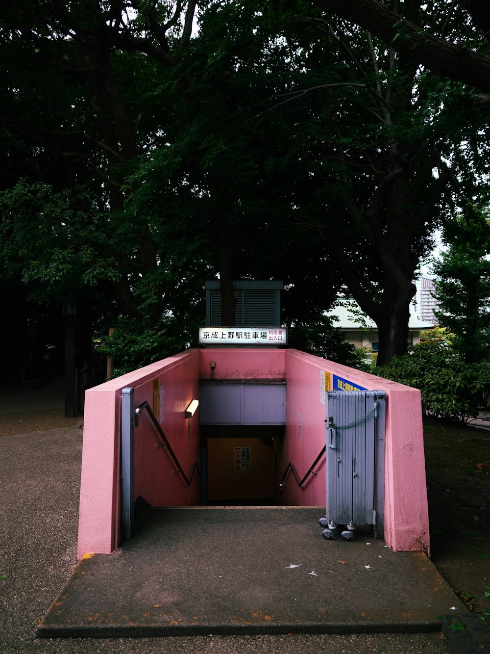 a pink building with a blue door and some trees