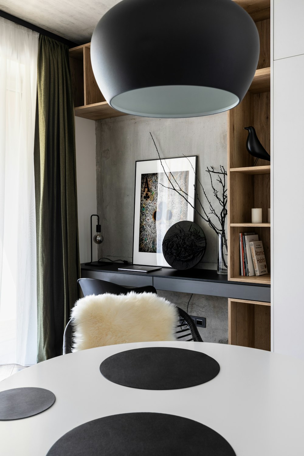 a white table with black circles on it