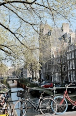 Bicycles are parked along a canal with a bridge in the background. Trees with budding leaves overhang the water, and classic European buildings line the canal. Several cars are parked on the street beside the canal.
