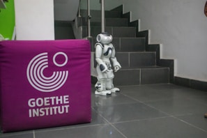 A small humanoid robot stands at the base of a staircase with tiled steps. To the left, a purple cube with the logo and words 'Goethe Institut' is visible. The floor is also tiled, and the surrounding walls are mostly plain.