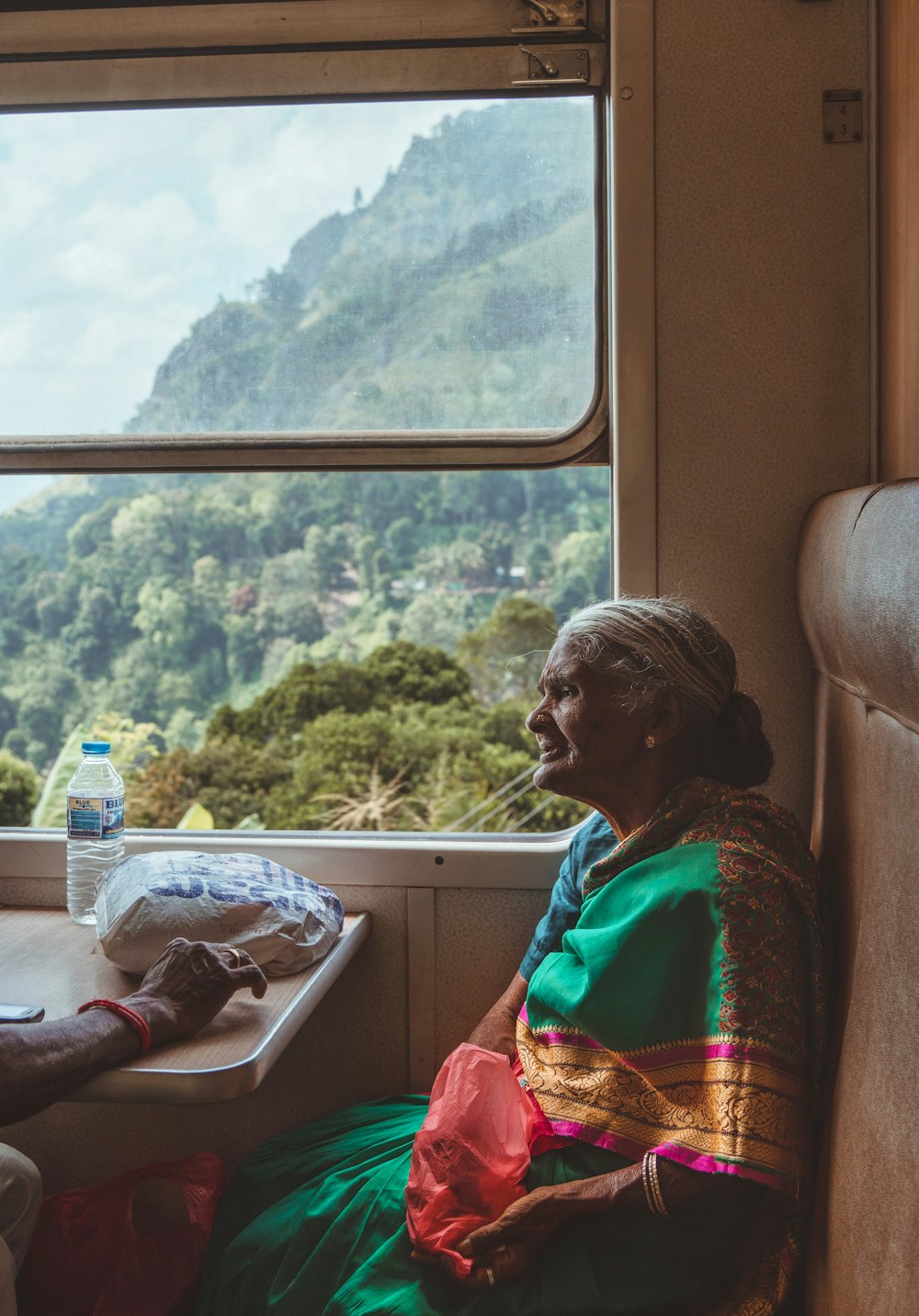 a woman sitting on a train looking out the window