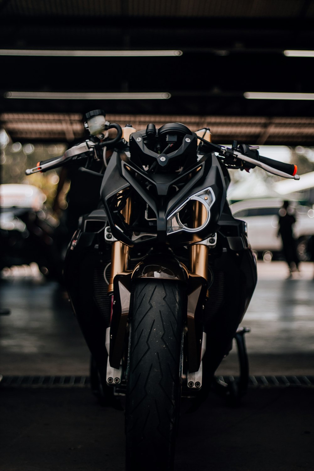 a motorcycle is parked in a garage