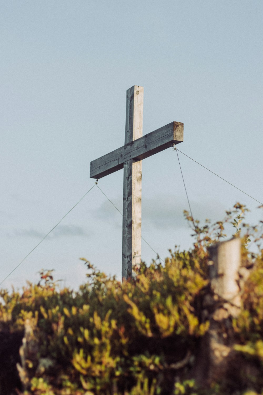 a wooden cross sitting on top of a lush green hillside