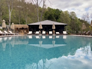 a large swimming pool with lounge chairs and umbrellas