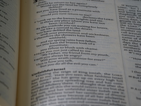A close-up view of an open book displaying text written in a poetic format across two pages. The left page focuses on verse-style text with religious language, possibly from a scripture. The right page has more formal prose, with headings such as 'Unfaithful Israel'. The pages are cream-colored with dark text and a faint blue tint.