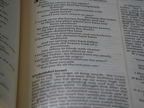 A close-up view of an open book displaying text written in a poetic format across two pages. The left page focuses on verse-style text with religious language, possibly from a scripture. The right page has more formal prose, with headings such as 'Unfaithful Israel'. The pages are cream-colored with dark text and a faint blue tint.
