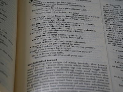 A close-up view of an open book displaying text written in a poetic format across two pages. The left page focuses on verse-style text with religious language, possibly from a scripture. The right page has more formal prose, with headings such as 'Unfaithful Israel'. The pages are cream-colored with dark text and a faint blue tint.