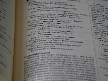 A close-up view of an open book displaying text written in a poetic format across two pages. The left page focuses on verse-style text with religious language, possibly from a scripture. The right page has more formal prose, with headings such as 'Unfaithful Israel'. The pages are cream-colored with dark text and a faint blue tint.