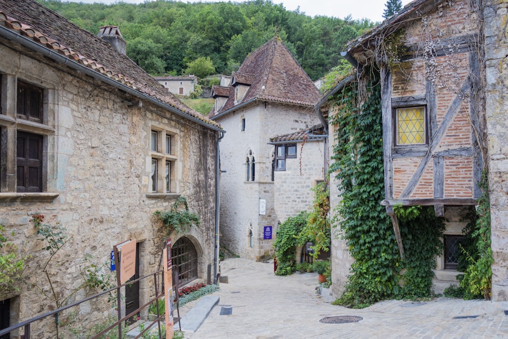 a cobblestone street in an old european village