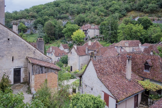 A charming village with historic stone houses featuring red-tiled roofs, nestled among lush green trees and a forested hillside. The scene conveys a tranquil and picturesque atmosphere, typical of rural European settings.
