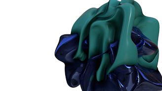 An abstract sculpture with fluid, organic shapes in dark blue and teal colors, creating a smooth and glossy appearance against a white background.
