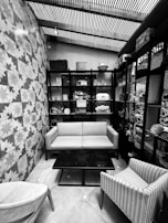 Salon interior showing cozy and stylish seating area.