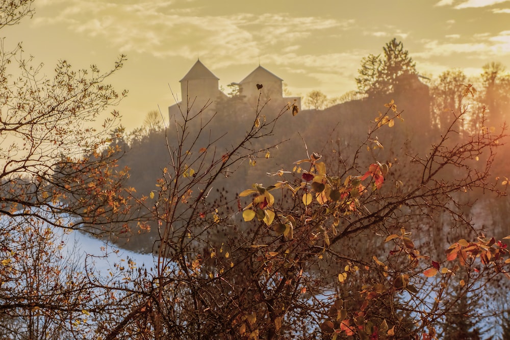 a church on a hill with a lake in the foreground