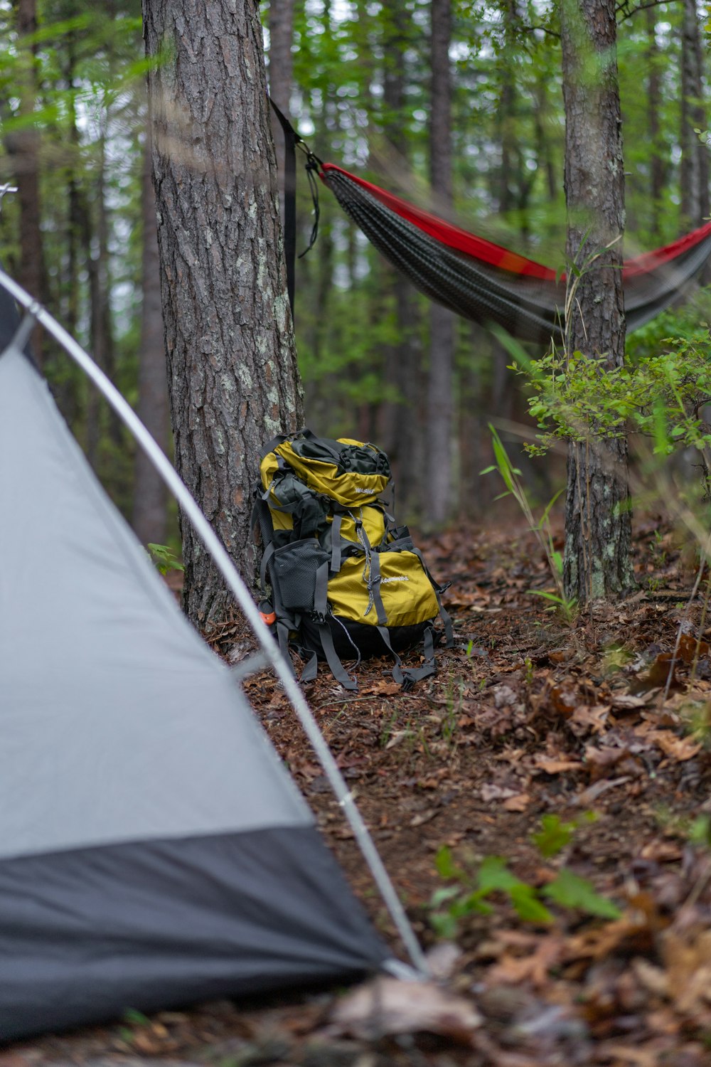 a tent and a backpack in the woods