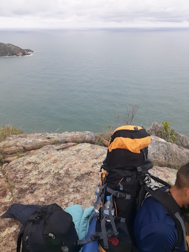 A scenic view with travel gear in the foreground.