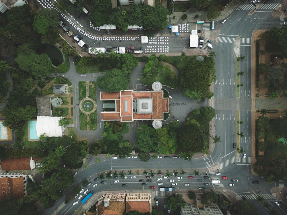 an aerial view of a street and a building