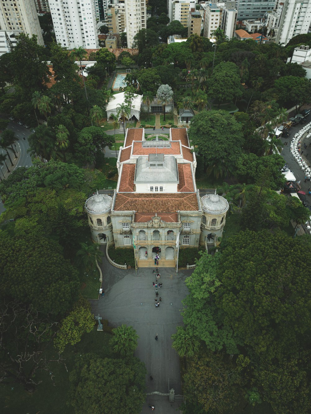 an aerial view of a building in a city