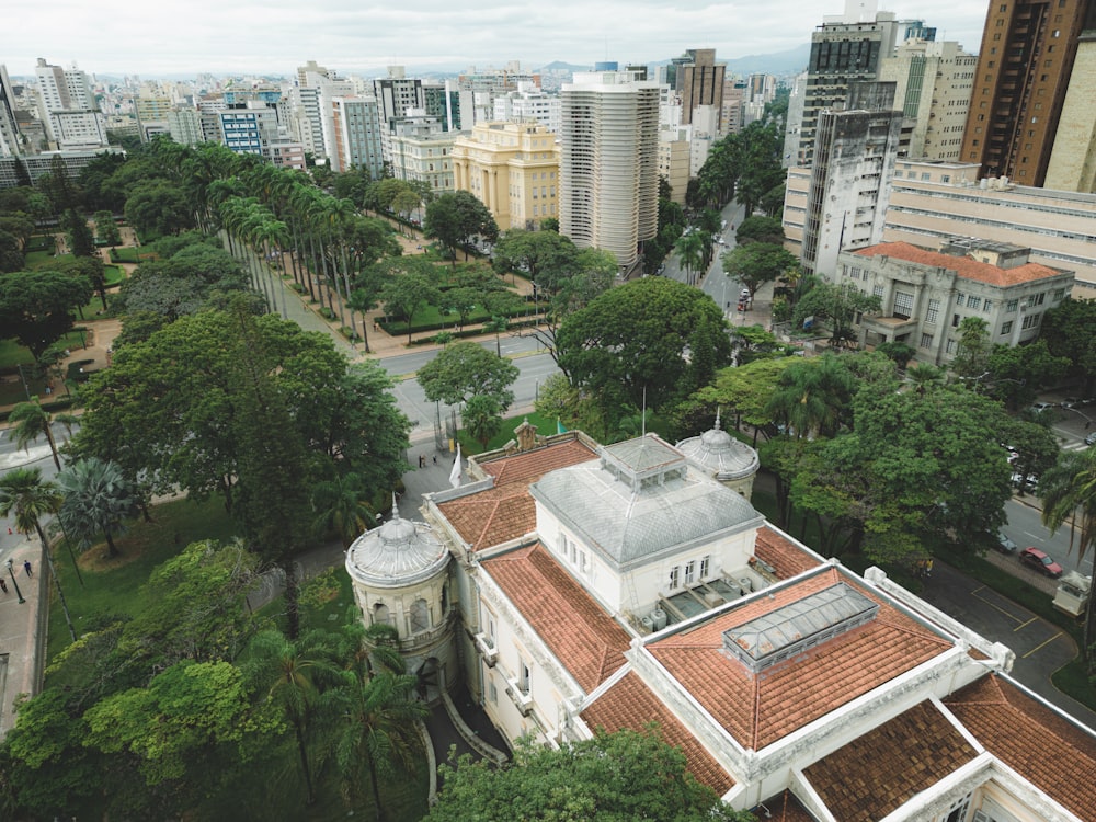 an aerial view of a building in a city