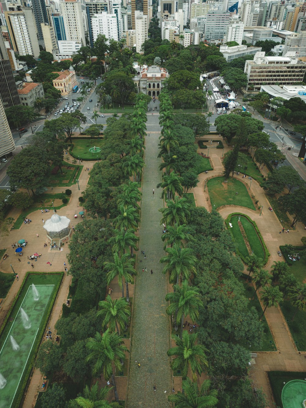 an aerial view of a city park with lots of trees