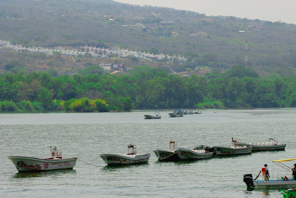 a group of boats floating on top of a lake