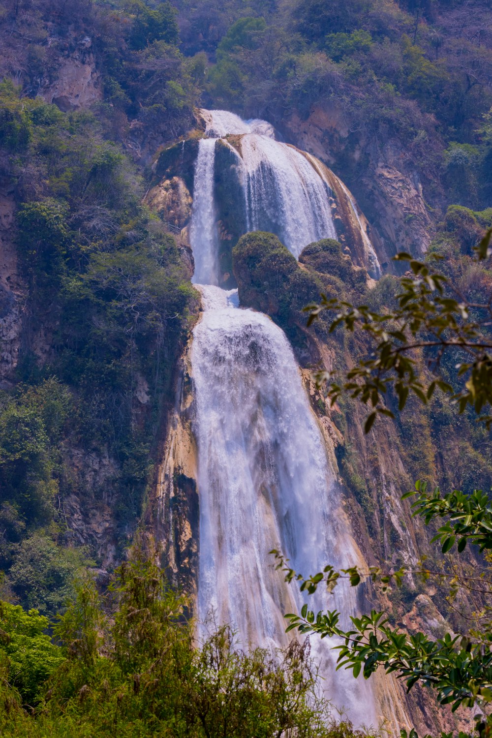 a very tall waterfall in the middle of a forest