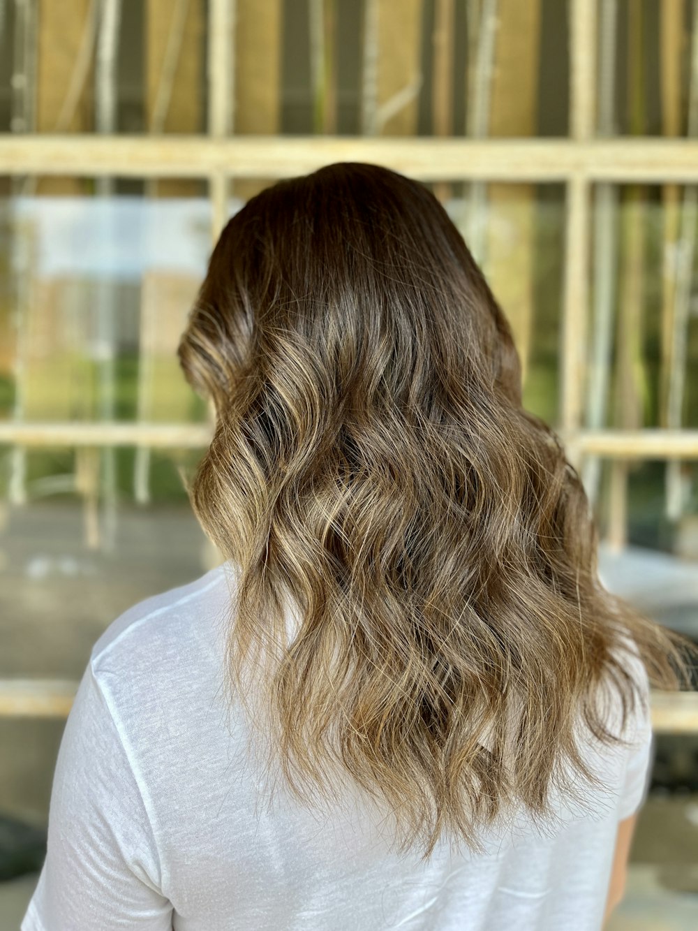 the back of a woman's head in front of a window