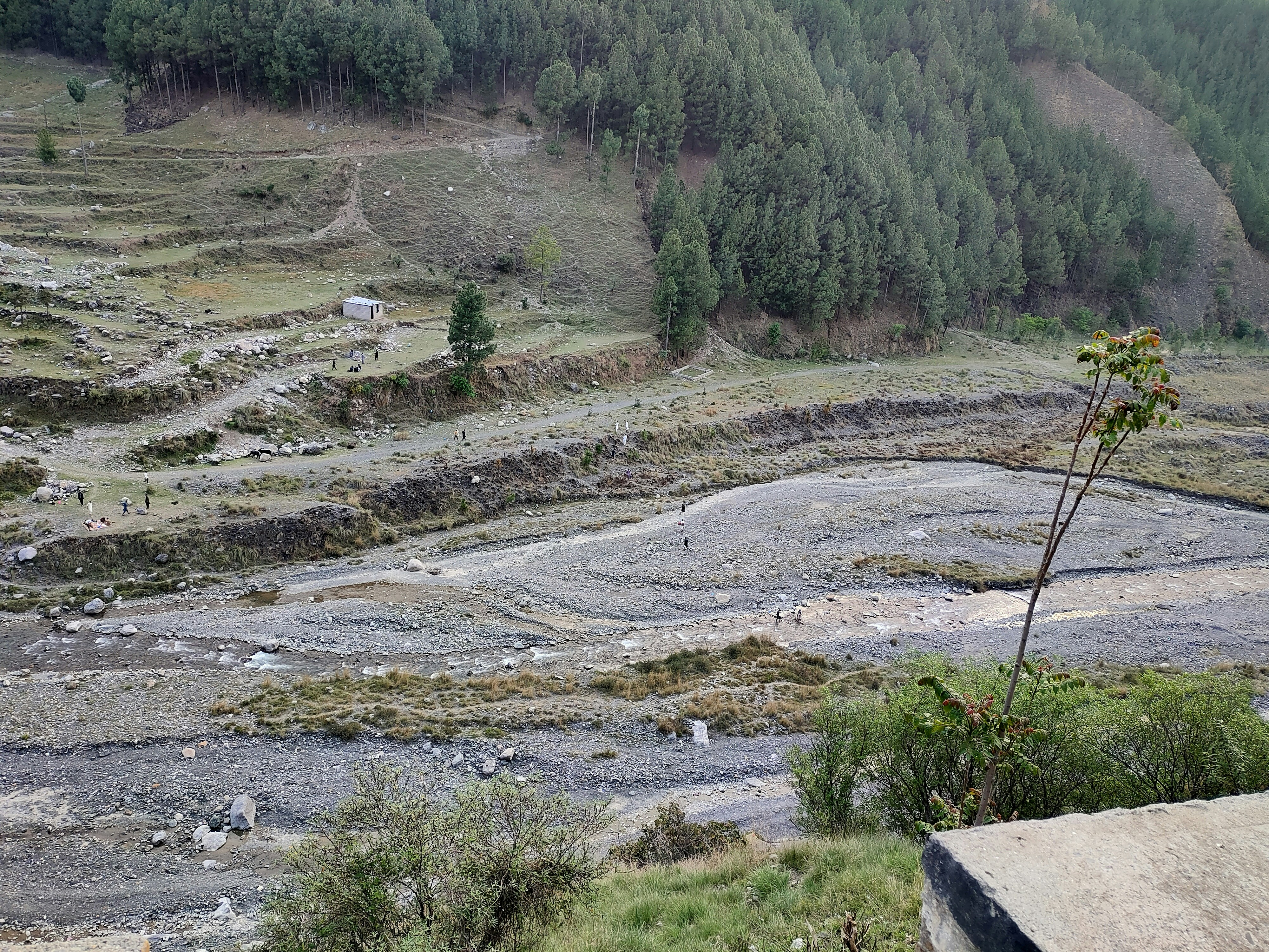a view of a valley with a river running through it