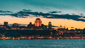 The New York City skyline at dusk with warm earthy tones matching the website palette