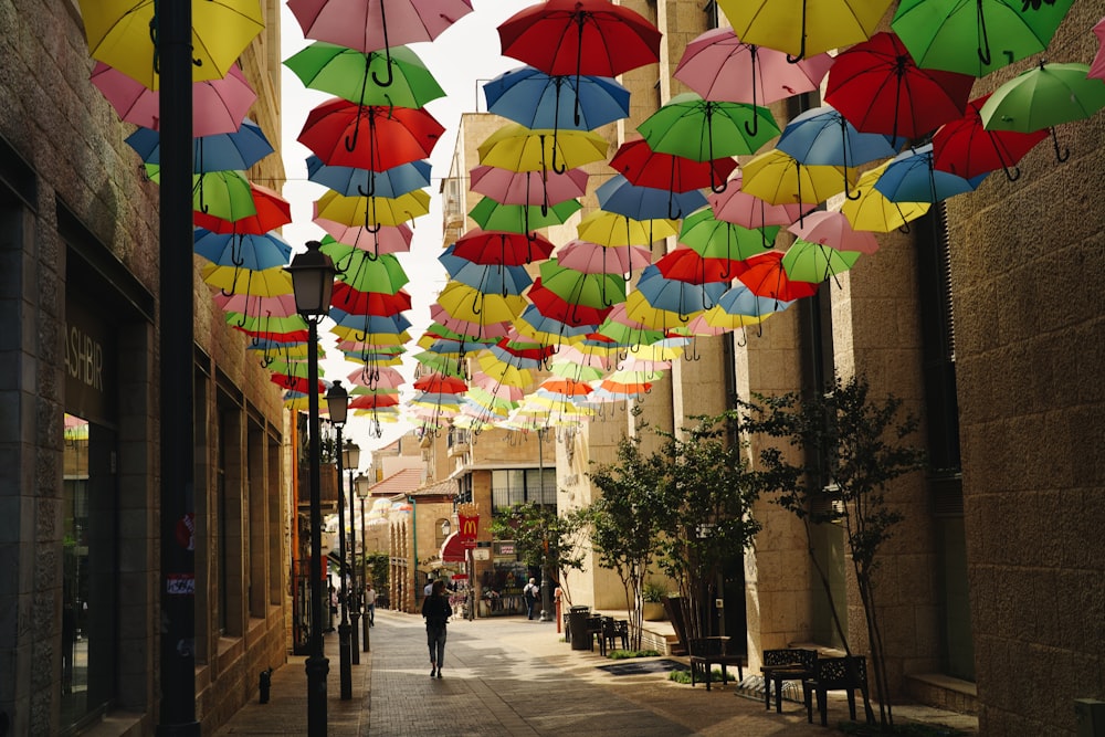 a group of colorful umbrellas hanging from the ceiling