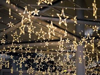 Close-up of a glowing star-shaped decoration hanging in the Space Fun party room.